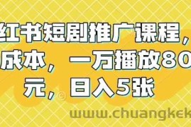 小红书短剧推广课程，0成本，一万播放80元，日入5张