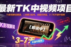 最新TK中视频项目，Tk影视解说赛道，搬运二创暴力起号，流量非常猛，3-7天开通中视频
