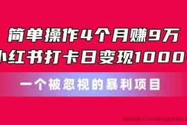 （11048期）简单操作4个月赚9万！小红书打卡日变现1000+！一个被忽视的暴力项目
